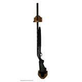 Single rifle display with two pieces for mounting vertically on a wall or door. Top piece holds the panel of a rifle and the bottom piece has a clover shape for displaying the firearm at multiple angles.