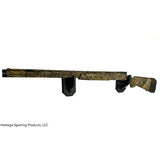 Wall mounted, two piece gun rack in black poly. holding a hunting rifle