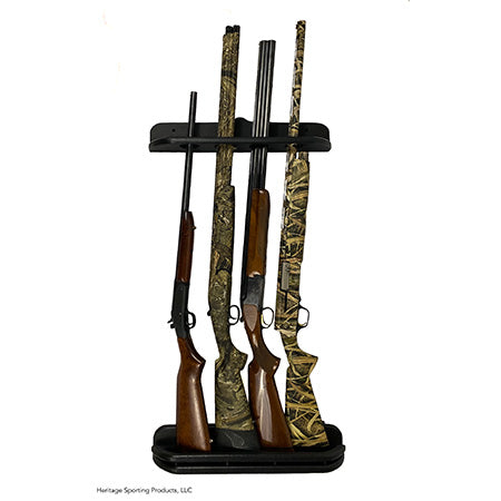 4 gun wall mounted gun rack made from black poly and designed with four spaces for rifles to sit vertically. 