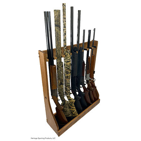 Wood vertical gun rack displays 8 rifles vertically. Hardwood is stained in a dark oak finish.