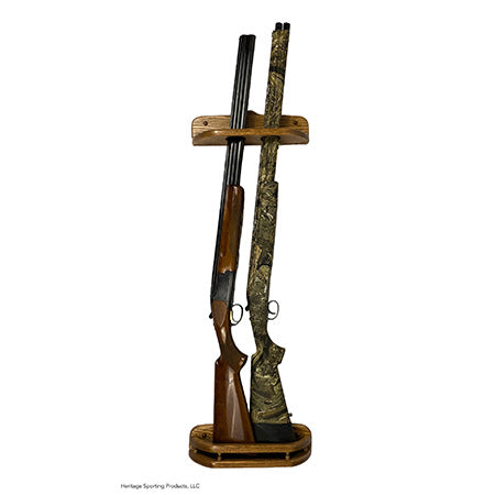 two gun vertical wall display or door rack. Holds two shotguns and made of oak. Made by Heritage Sporting Products
