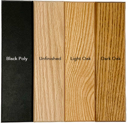 color palate for wood and poly gun racks. Hardwood gun racks come in unfinished oak, light oak, and walnut stained variations.