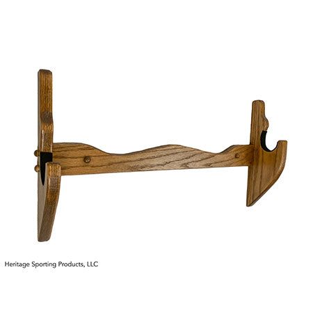 One piece wood gun rack stained with Minwax Special Walnut. Horizontal wall mounted firearm display for long guns. Made by Heritage Sporting Products