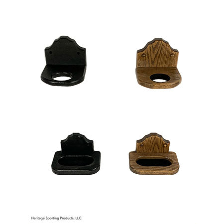 Two sets of closed top home defense gun racks showing the two pieces, in both black poly and dark oak stain. The top piece has a circle cut out for the barrel, and the bottom is felted to rest the butt of the gun.