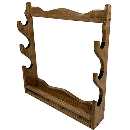 Wall mounted gun rack displays rifles horizontal made from American hardwood for gun collectors