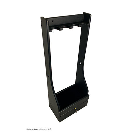 Vertical gun display, freestanding, with a locking box at the base. The finish is a black poly and it has 4 spots for guns to be displayed. Brand: Heritage Sporting Products