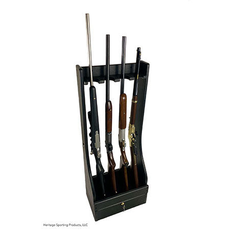 vertical gun rack with a locking box at the base for safety. Holding four rifles vertically displayed. Sold by Heritage Sporting Products