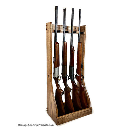 Vertical wood gun display holding 4 rifles. Rustic dark walnut finish. Brand: Heritage Sporting Products