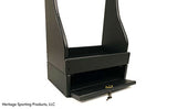 A locking box at the base of a vertical gun rack with a key for storing ammo safely. Brand: Heritage Sporting Products