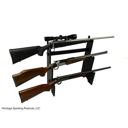 Black poly rifle show stand holding three long rifles (one with a scope) horizontally displayed